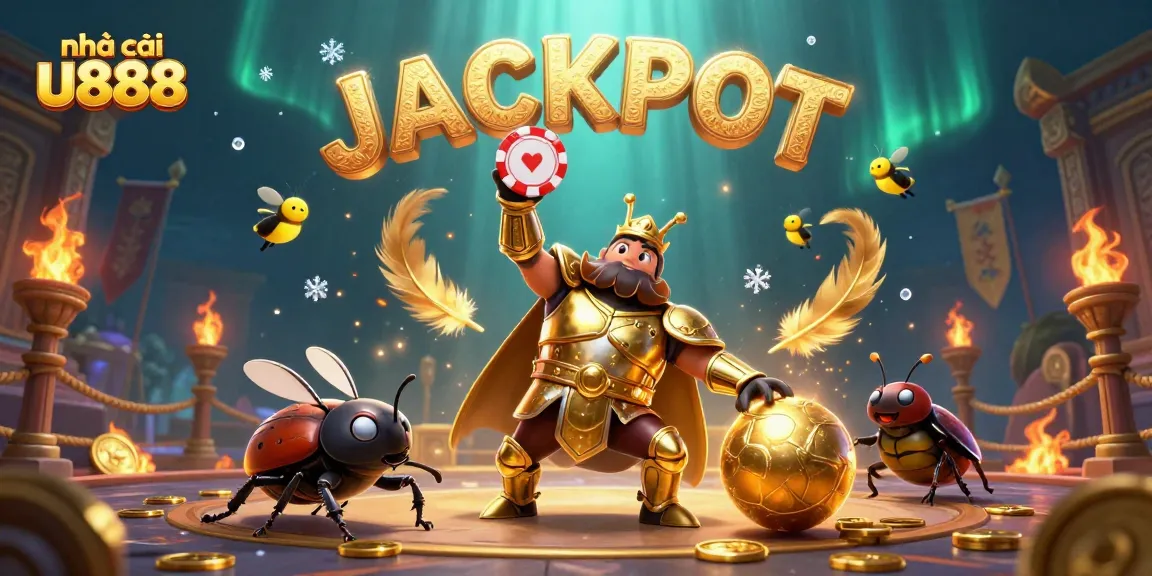 Play and win at nhà cái u888 with a dynamic illustration of a hercules beetle celebrating a jackpot.