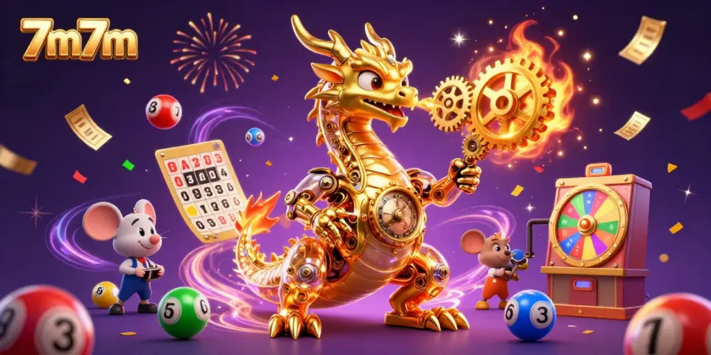 Experience thrilling action with 7m7m as the golden dragon breathes gears amidst a vibrant casino atmosphere.