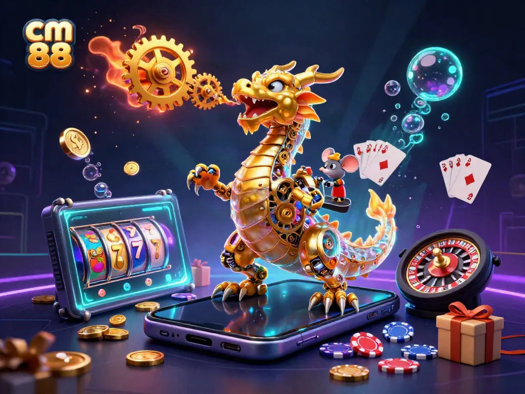 Engage with cm 88 slots featuring dynamic golden gears and vibrant casino elements.