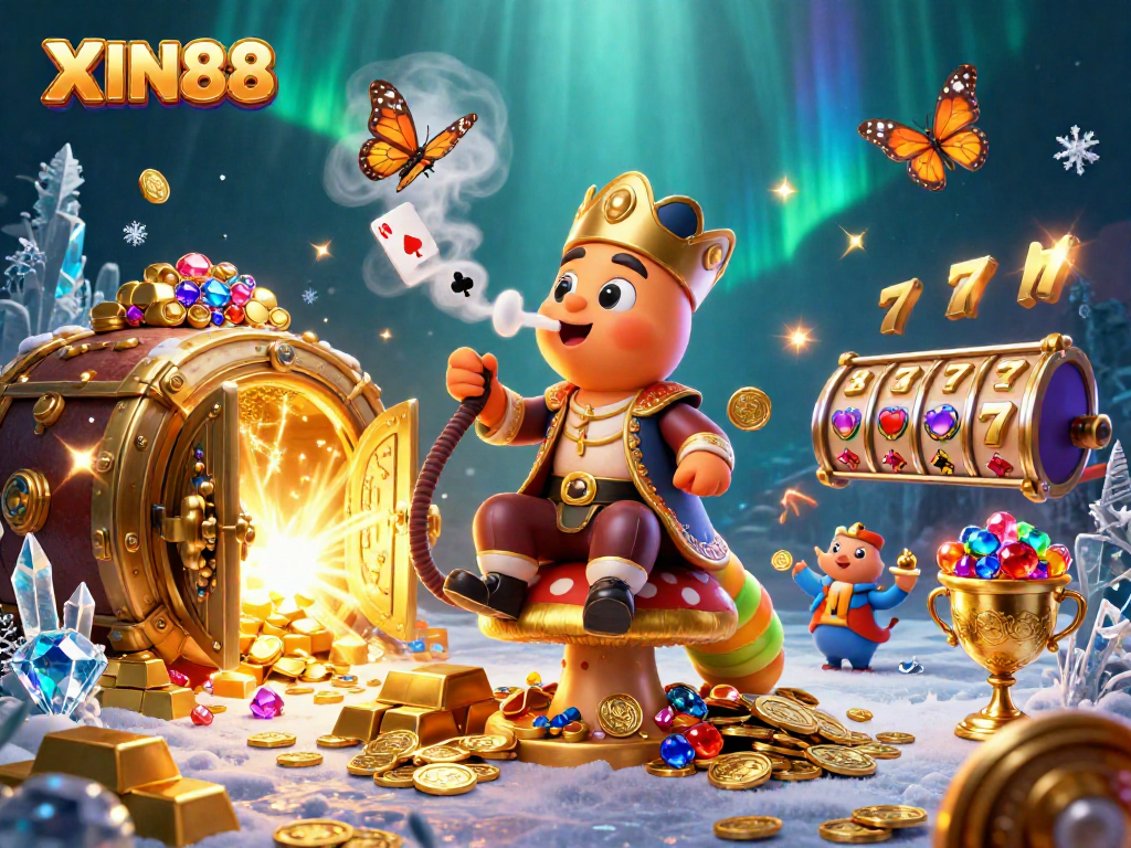 XIN88 slots game illustration with a caterpillar blowing poker symbols amidst treasures and slot elements