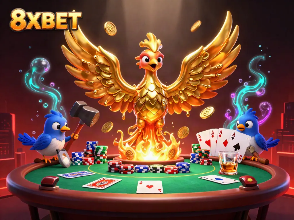 Experience the thrilling world of poker with 8XBET featuring a molten metal phoenix and casino glory.