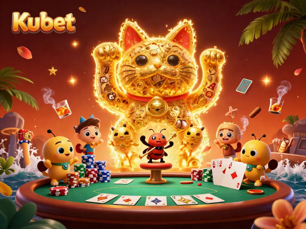 Experience gaming excitement with Kubet's colorful casino-themed 3D illustration featuring a lucky cat and vibrant poker elements.