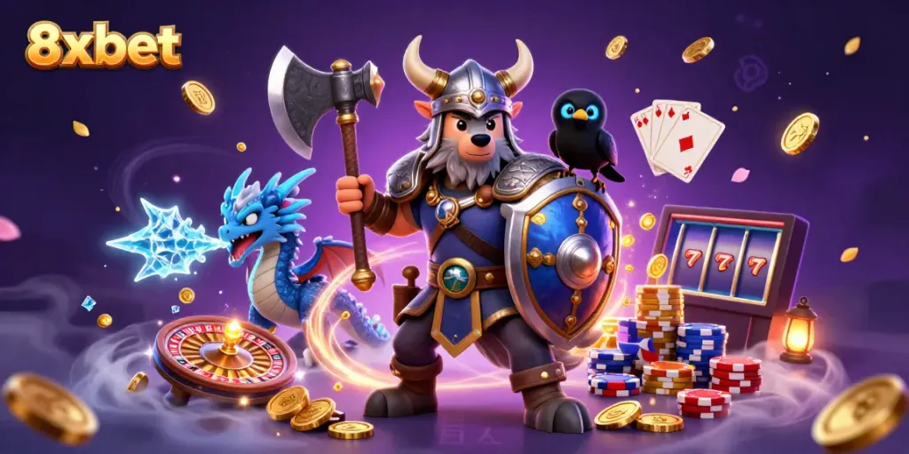 Engage with 8xbet in a vibrant casino scene featuring a Viking warrior, dragon, and enchanted elements.