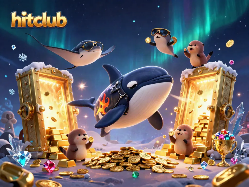 Engage with hitclub's vibrant gaming scene featuring a jumping orca and otters celebrating wins.