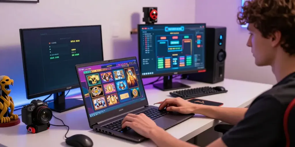 Engaging gaming scene showcasing a player immersed in KING999 slot games with vibrant displays and gaming equipment.