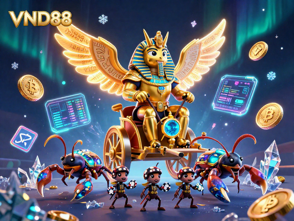 Engage with VND88 as a colossal scarab and scorpions showcase crypto casino excitement.