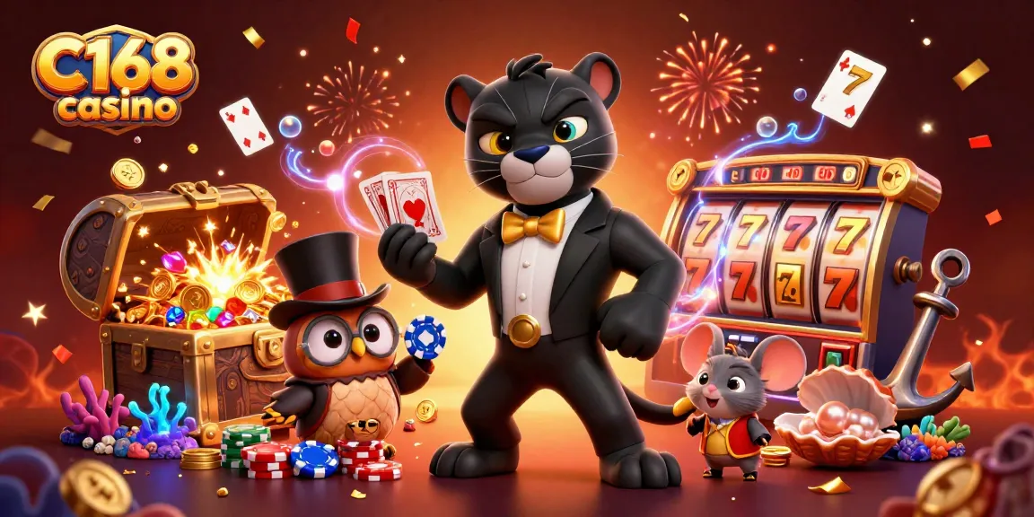 C168 casino game scene with a stylish black panther dealer, an owl, and a lucky mouse amidst slot reels and treasure.
