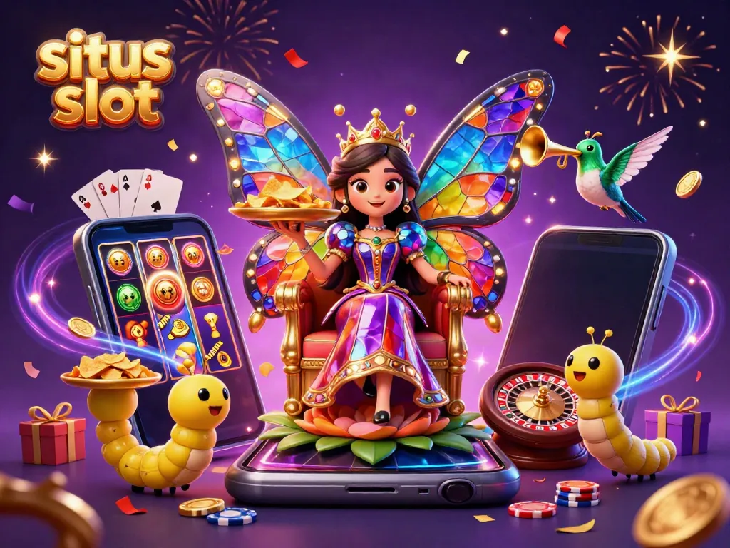 Experience the magic of situs slot with a vibrant butterfly queen overseeing an exciting casino scene.