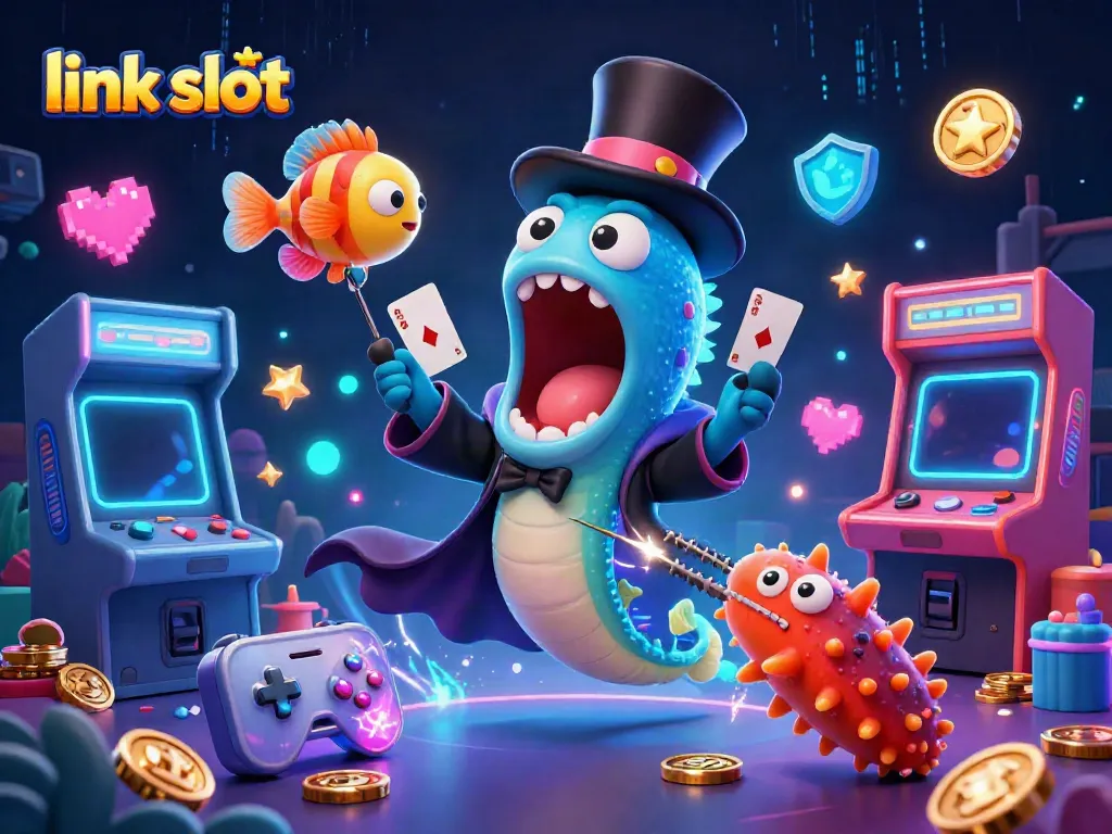 Experience thrilling wins with link slot in this vibrant 3D casino image featuring unique underwater characters.