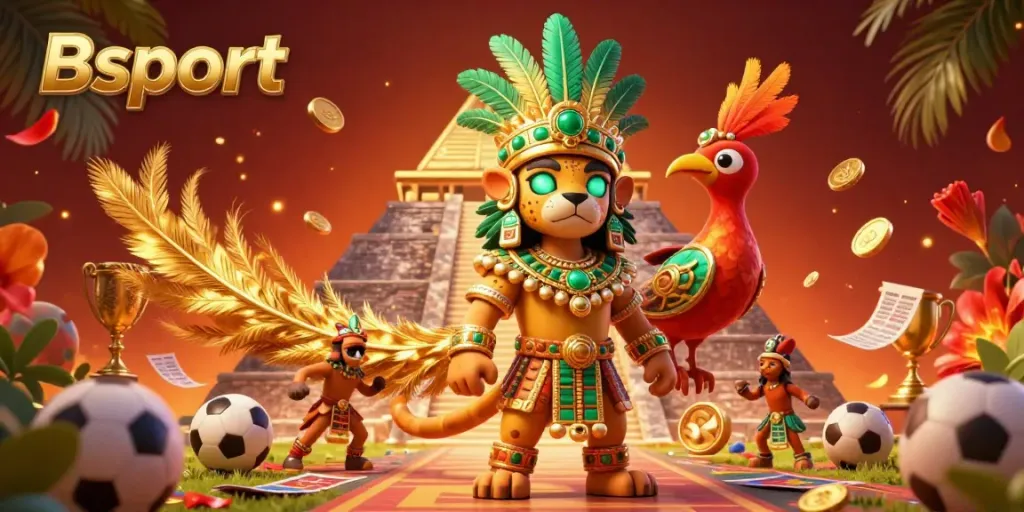 Bsport sports betting dynamic scene with a Mayan jaguar priest and vibrant sports elements