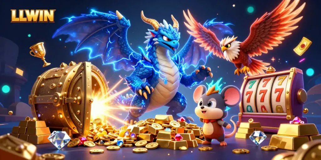 LLWIN promotes thrilling gaming adventures with a dynamic illustration showcasing exciting casino experiences.