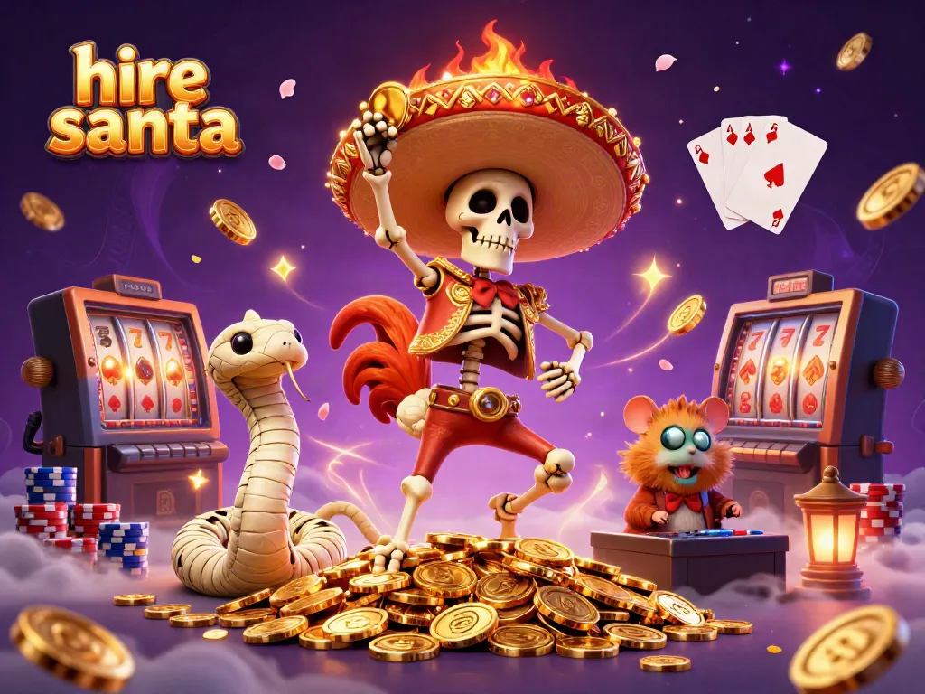 Hire Santa inspires gamers with festive excitement surrounded by gold coins and winning elements.