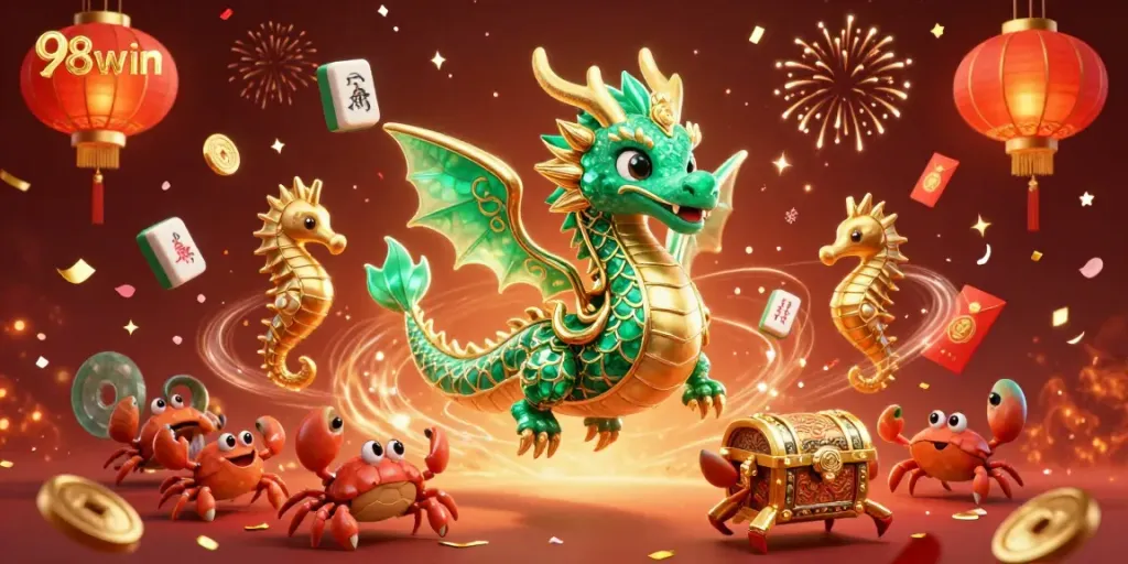 Experience the thrill of 98win with a magical 3D dragon and vibrant casino elements celebrating lucky winnings.